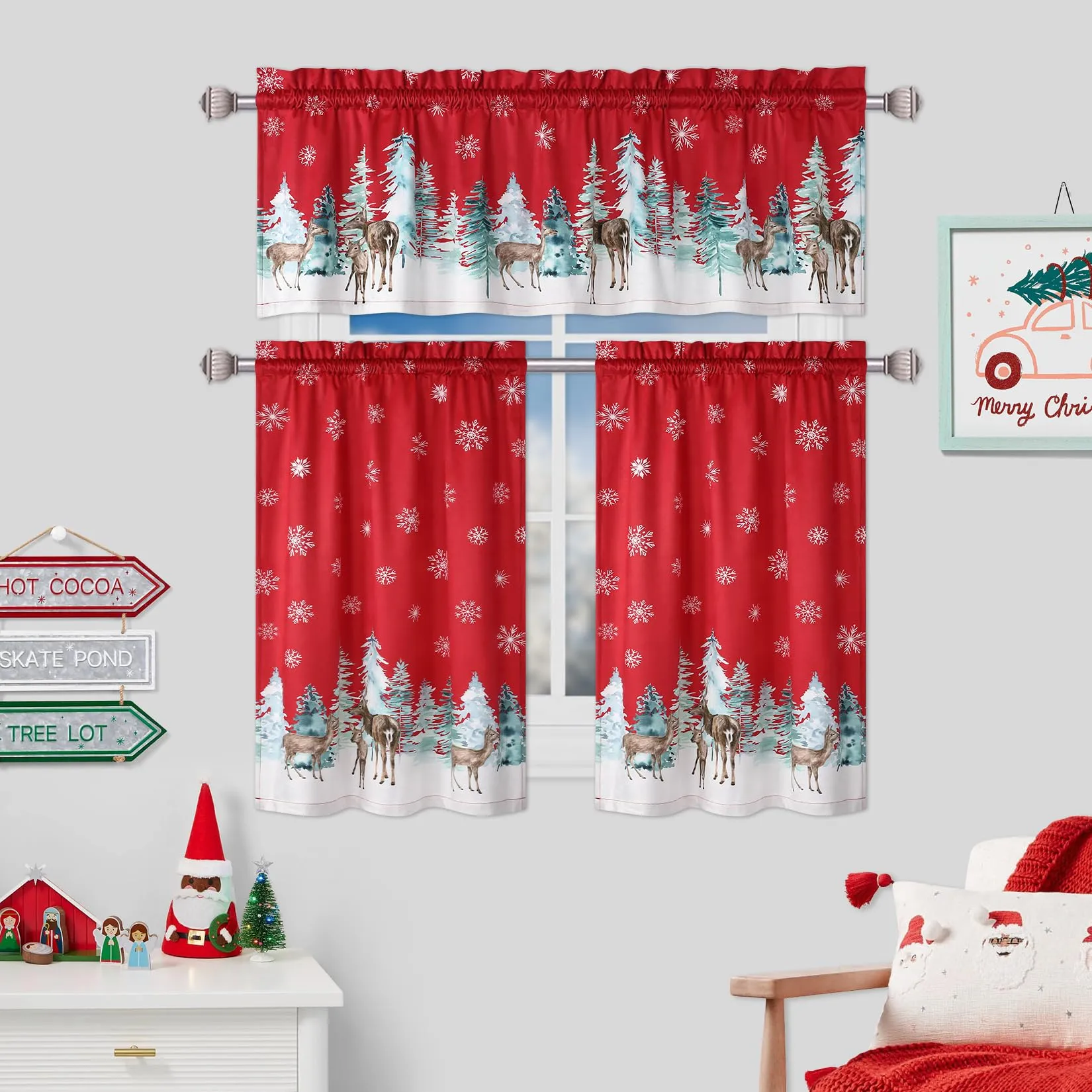 GARVEE Christmas Kitchen Curtain 24 Inch Tier Curtains Window Treatment Rod Pocket for Home Decor 2 Panels for Bathroom, Living Room Christmas Decoration