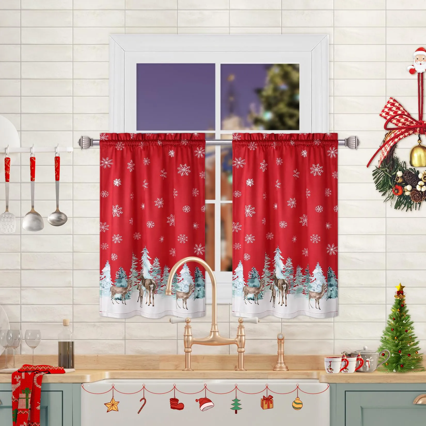 GARVEE Christmas Kitchen Curtain 24 Inch Tier Curtains Window Treatment Rod Pocket for Home Decor 2 Panels for Bathroom, Living Room Christmas Decoration