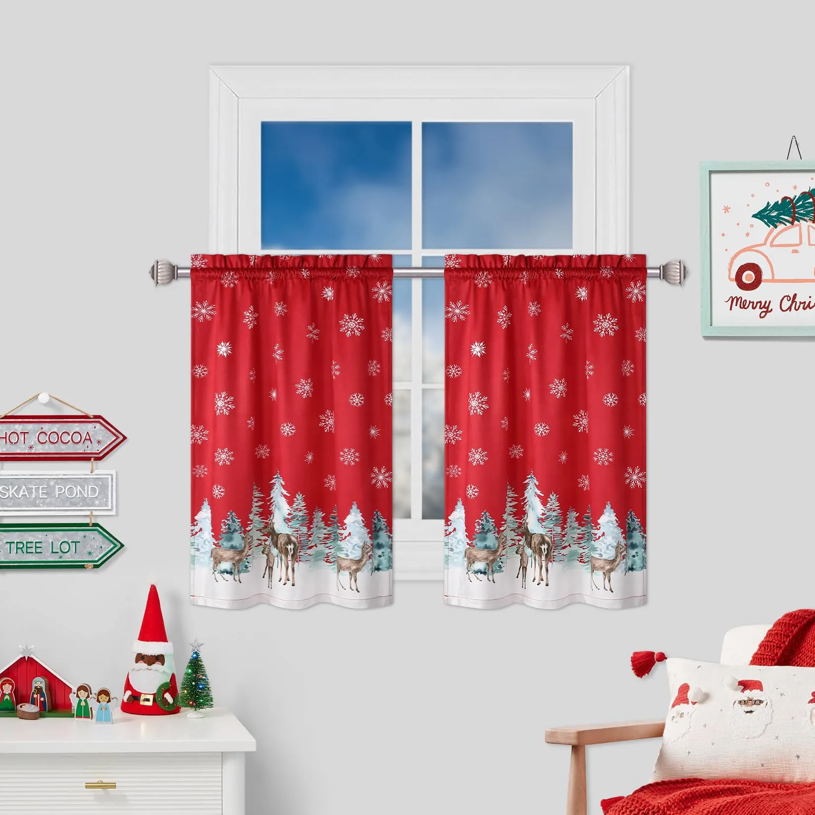 GARVEE Christmas Kitchen Curtain 24 Inch Tier Curtains Window Treatment Rod Pocket for Home Decor 2 Panels for Bathroom, Living Room Christmas Decoration