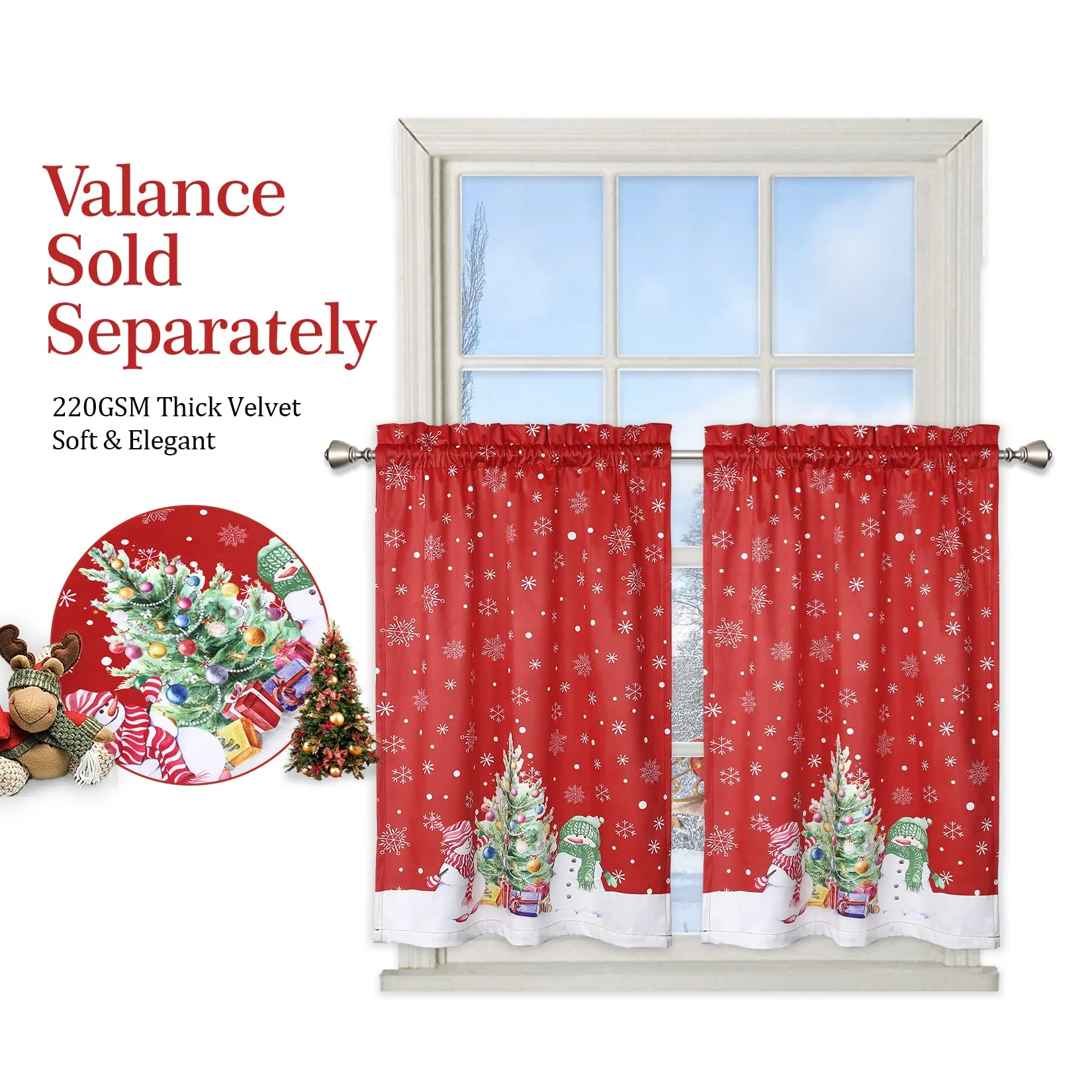 GARVEE Christmas Kitchen Curtain Cafe Curtain 45 Inch Tier Curtains Window Treatment Rod Pocket for Home Decor 2 Panels for Bathroom, Living Room Christmas Decoration