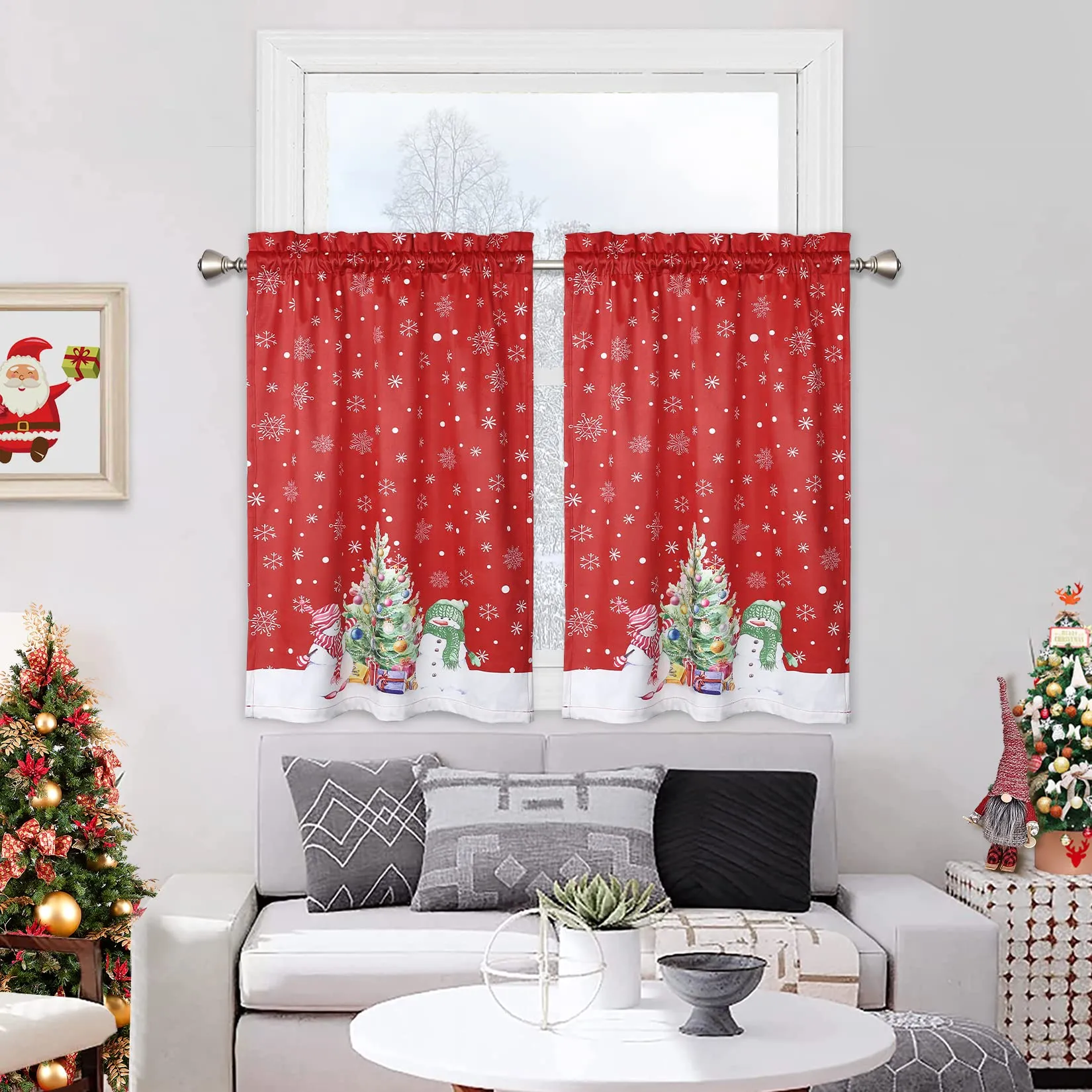 GARVEE Christmas Kitchen Curtain Cafe Curtain 45 Inch Tier Curtains Window Treatment Rod Pocket for Home Decor 2 Panels for Bathroom, Living Room Christmas Decoration