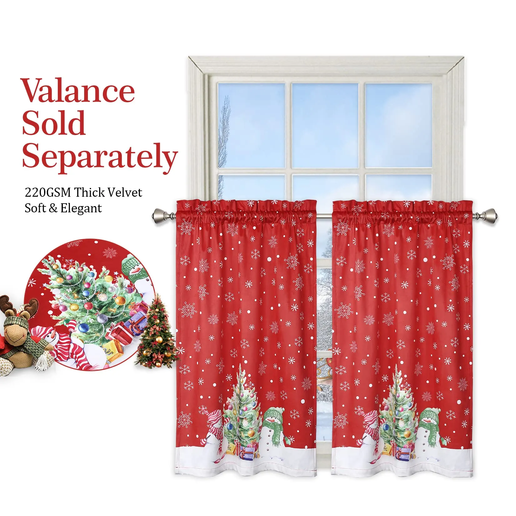 GARVEE Christmas Kitchen Curtain Cafe Curtain 45 Inch Tier Curtains Window Treatment Rod Pocket for Home Decor 2 Panels for Bathroom, Living Room Christmas Decoration