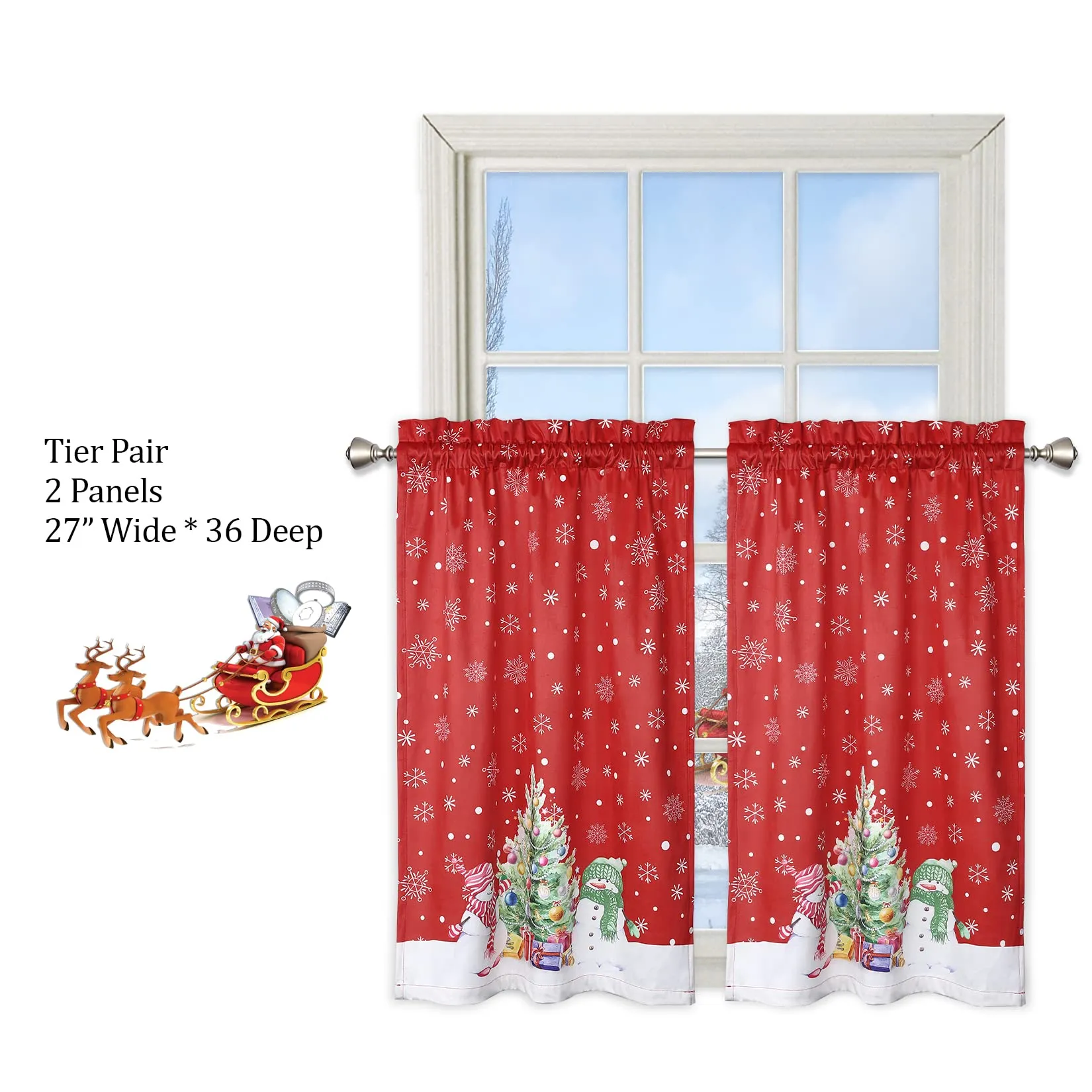 GARVEE Christmas Kitchen Curtain Cafe Curtain 45 Inch Tier Curtains Window Treatment Rod Pocket for Home Decor 2 Panels for Bathroom, Living Room Christmas Decoration