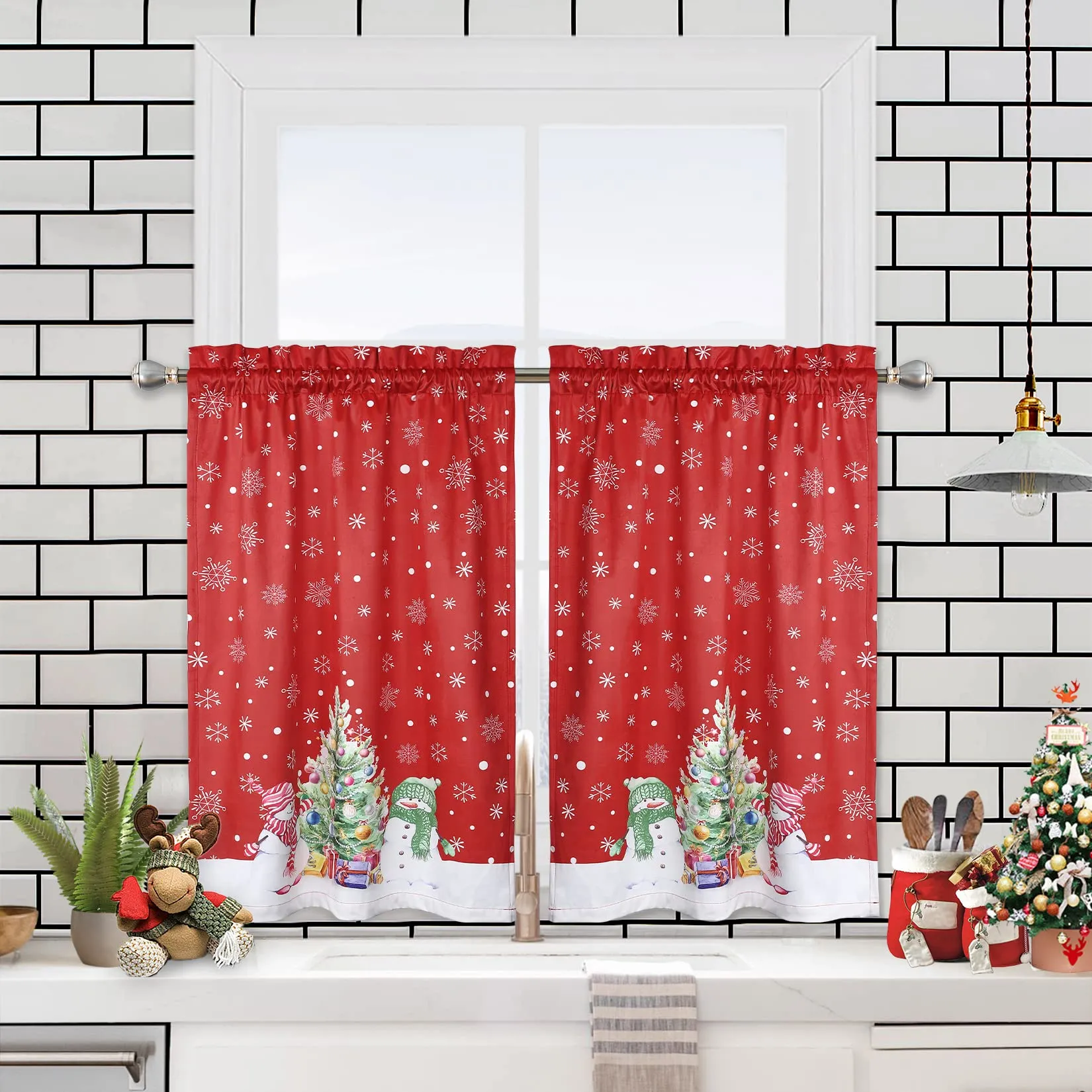 GARVEE Christmas Kitchen Curtain Cafe Curtain 45 Inch Tier Curtains Window Treatment Rod Pocket for Home Decor 2 Panels for Bathroom, Living Room Christmas Decoration