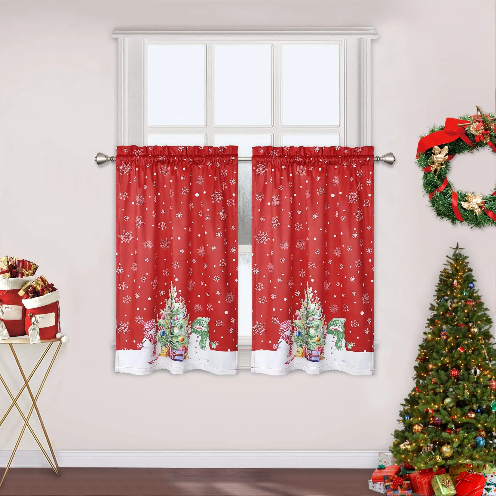 GARVEE Christmas Kitchen Curtain Cafe Curtain 45 Inch Tier Curtains Window Treatment Rod Pocket for Home Decor 2 Panels for Bathroom, Living Room Christmas Decoration