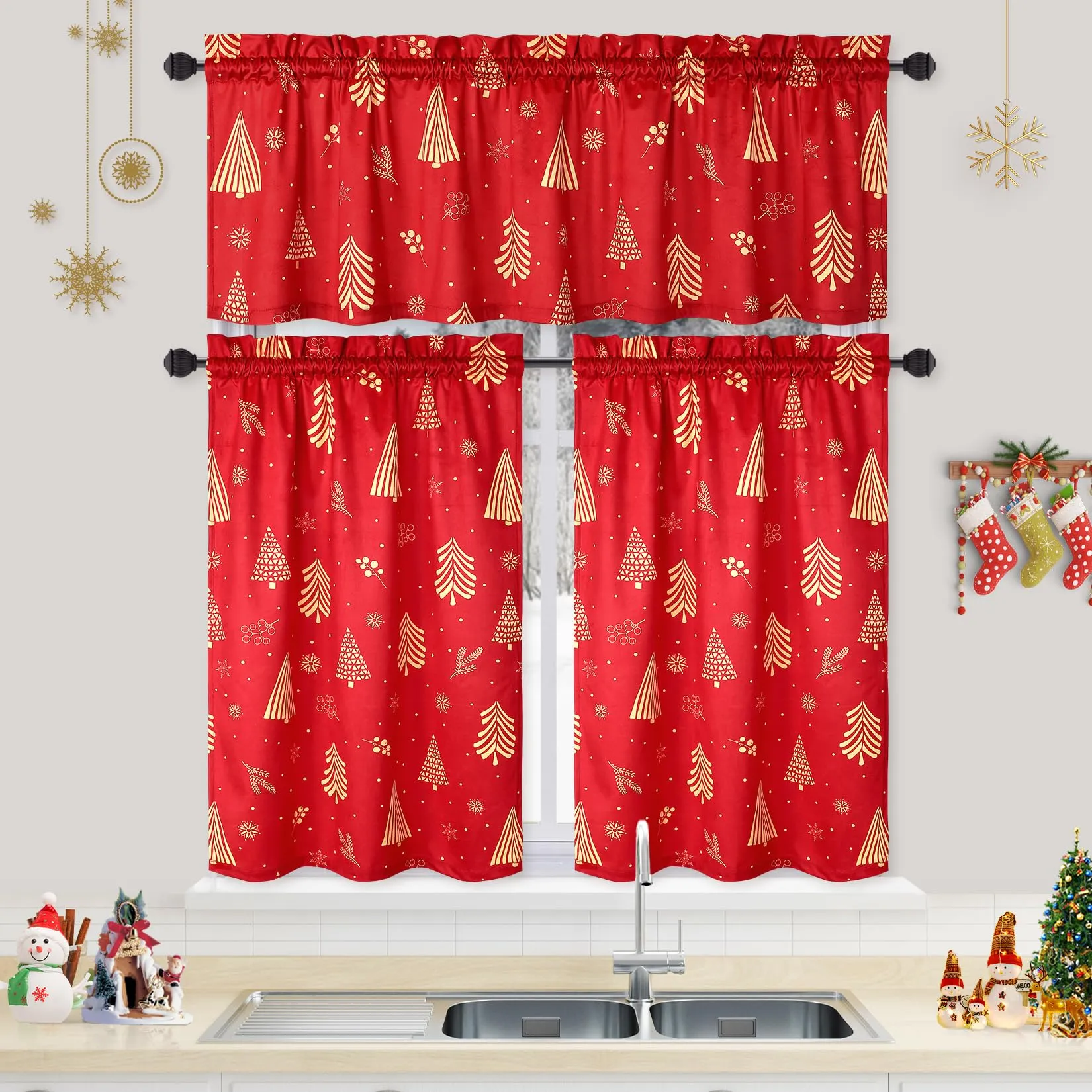 GARVEE Christmas Kitchen Curtains for Windows, Velvet Short Curtains, Christmas Decoration Cafe Curtains, Thermal Insulated Room Darkening Curtain (Red, 52 W x 24 L, Set of 2