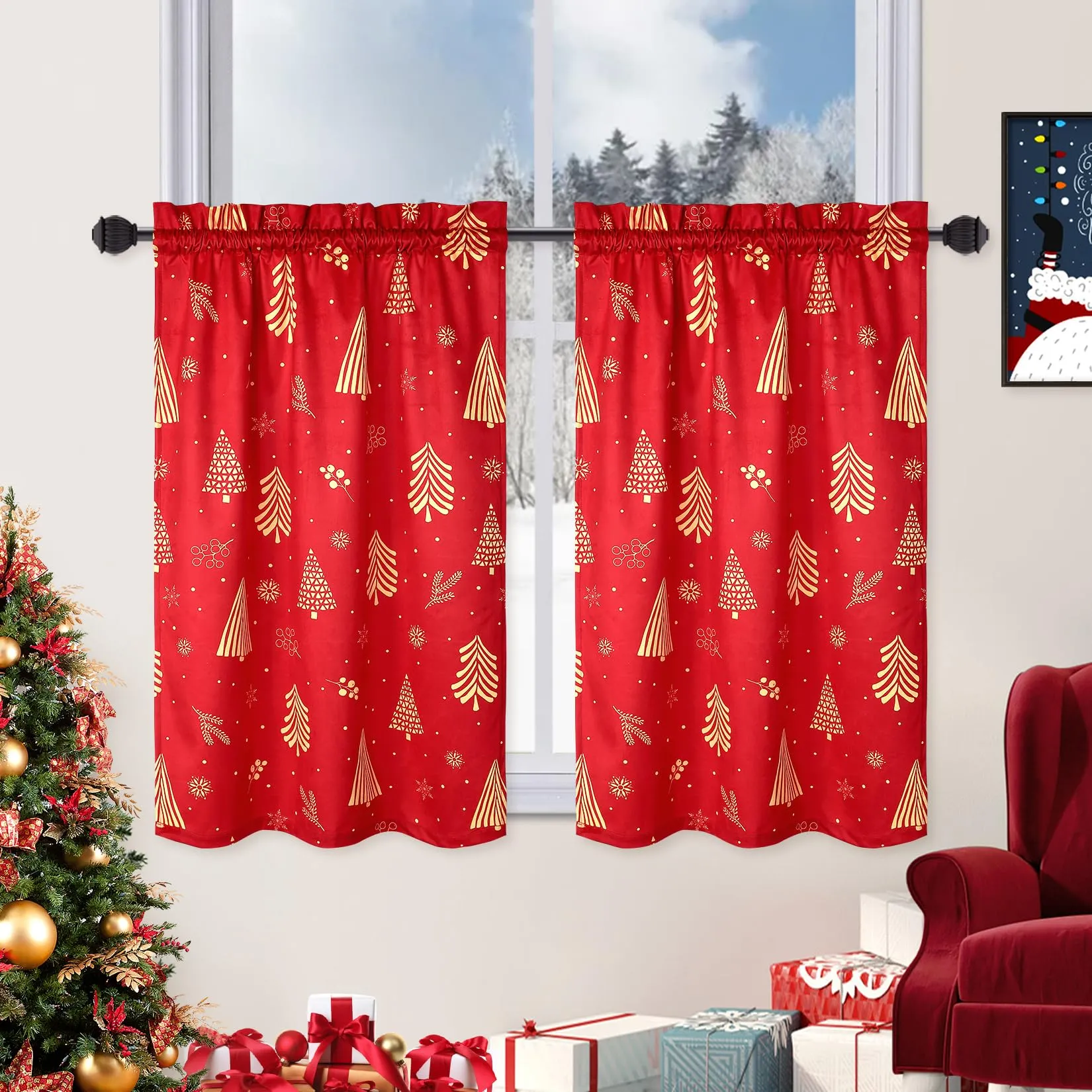 GARVEE Christmas Kitchen Curtains for Windows, Velvet Short Curtains, Christmas Decoration Cafe Curtains, Thermal Insulated Room Darkening Curtain (Red, 52 W x 24 L, Set of 2