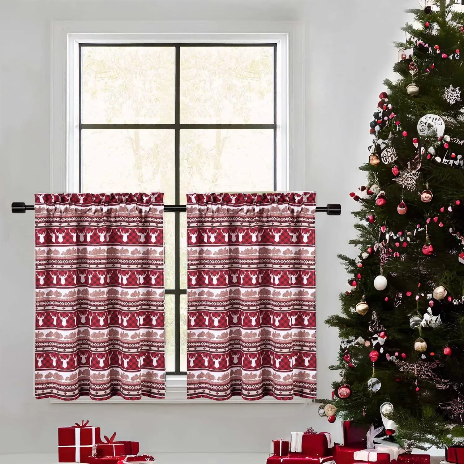 GARVEE Christmas Kitchen Curtains, Red Canvas Christmas Deers Cafe Curtains, 2 Panels 27.5 W x 30 L Rod Pocket Thermal Insulated Room Darkening Short Curtain for Living Room Bedroom Bathroom