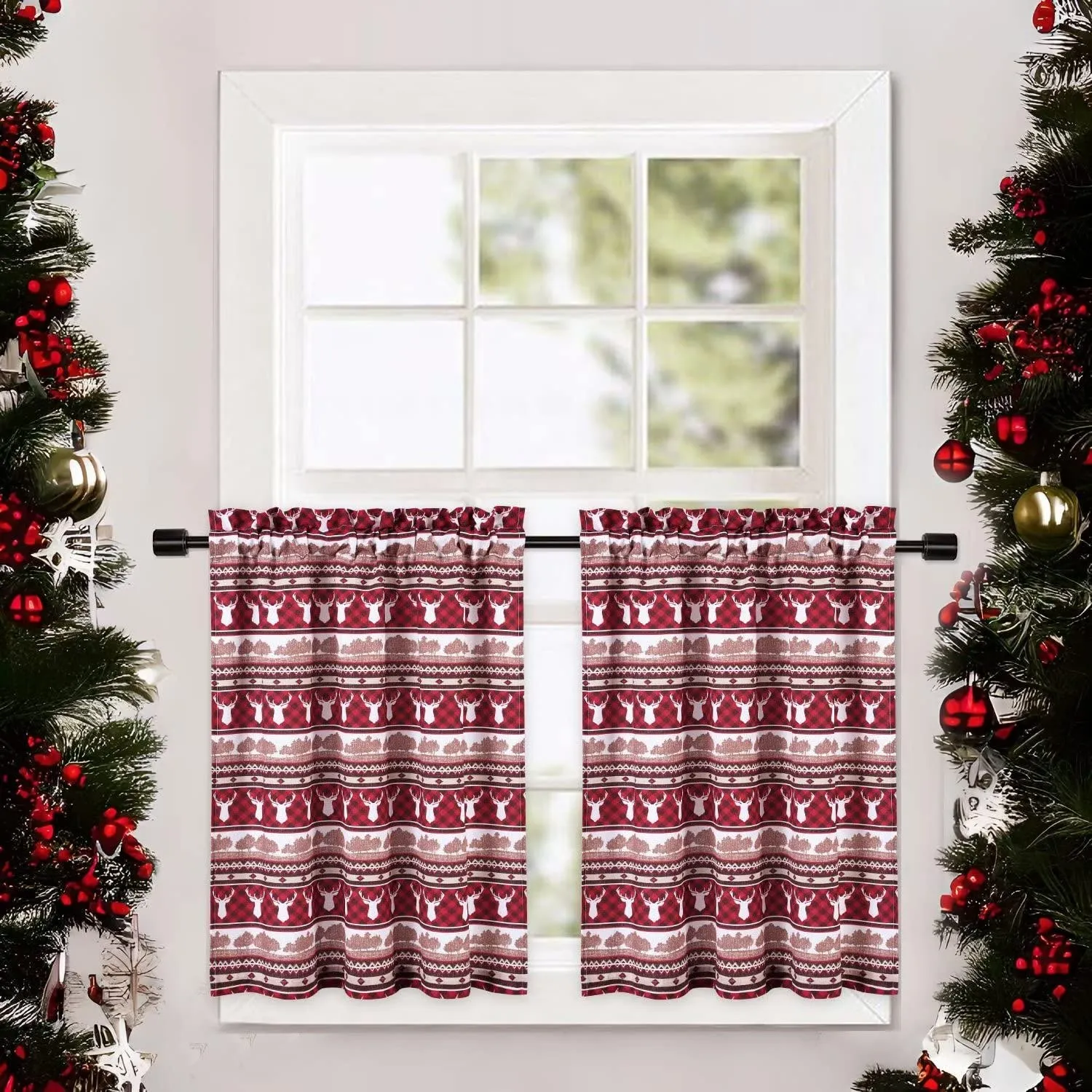 GARVEE Christmas Kitchen Curtains, Red Canvas Christmas Deers Cafe Curtains, 2 Panels 27.5 W x 30 L Rod Pocket Thermal Insulated Room Darkening Short Curtain for Living Room Bedroom Bathroom