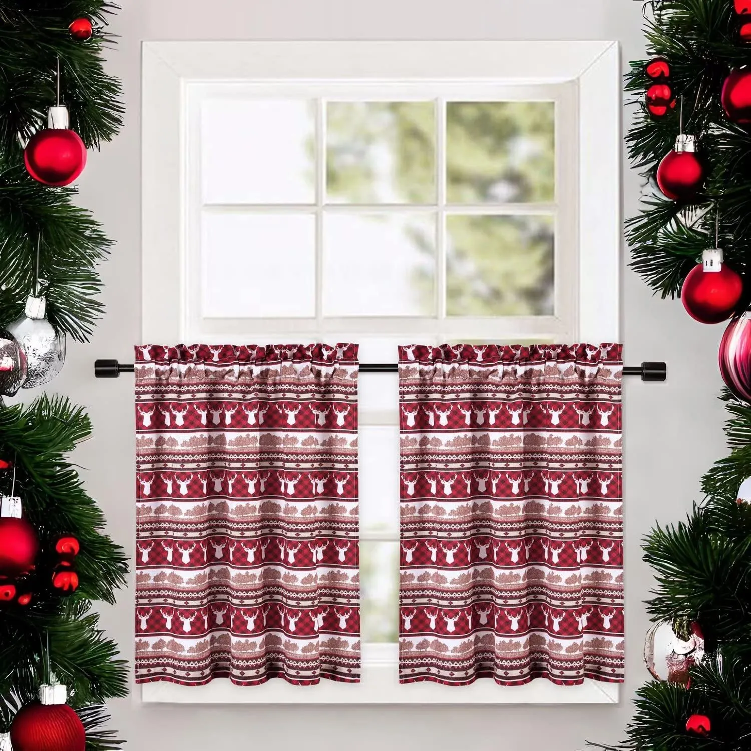 GARVEE Christmas Kitchen Curtains, Red Canvas Christmas Deers Cafe Curtains, 2 Panels 27.5 W x 30 L Rod Pocket Thermal Insulated Room Darkening Short Curtain for Living Room Bedroom Bathroom