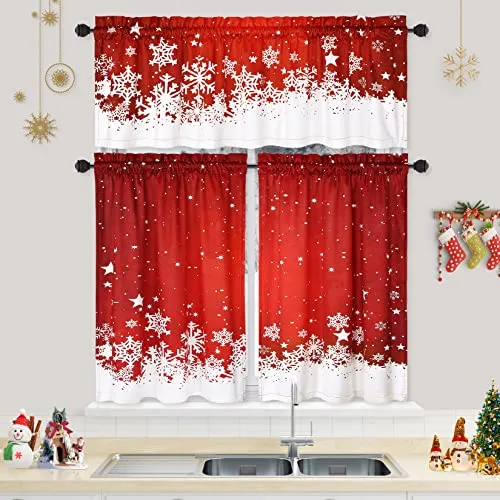 GARVEE Christmas Kitchen Curtains, Red Velvet Curtains Set for Windows, Floral Snowflake Decoration Cafe Curtains, Thermal Insulated Room Darkening Short Curtain (26 W x 24 L, Set of 2