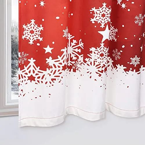 GARVEE Christmas Kitchen Curtains, Red Velvet Curtains Set for Windows, Floral Snowflake Decoration Cafe Curtains, Thermal Insulated Room Darkening Short Curtain (26 W x 24 L, Set of 2