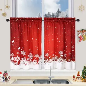 GARVEE Christmas Kitchen Curtains, Red Velvet Curtains Set for Windows, Floral Snowflake Decoration Cafe Curtains, Thermal Insulated Room Darkening Short Curtain (26 W x 24 L, Set of 2