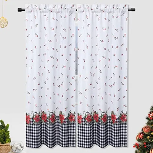 GARVEE Christmas Kitchen Tiers, 2 Panels Canvas Christmas Flower Pattern Cafe Curtains Rod Pocket Short Curtains Xmas Decorative Half Window Curtains for Bedroom Bathroom, 27 x 45 inches, White