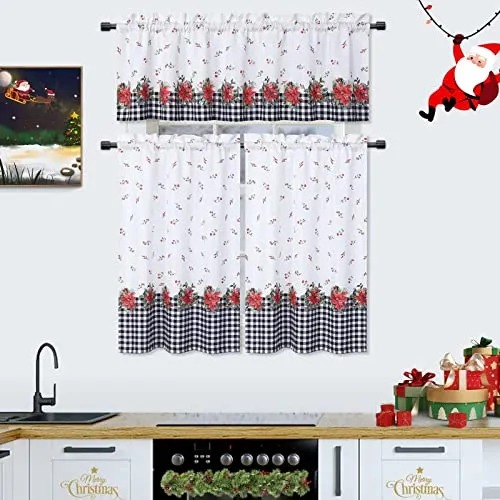 GARVEE Christmas Kitchen Tiers, 2 Panels Canvas Christmas Flower Pattern Cafe Curtains Rod Pocket Short Curtains Xmas Decorative Half Window Curtains for Bedroom Bathroom, 27 x 45 inches, White