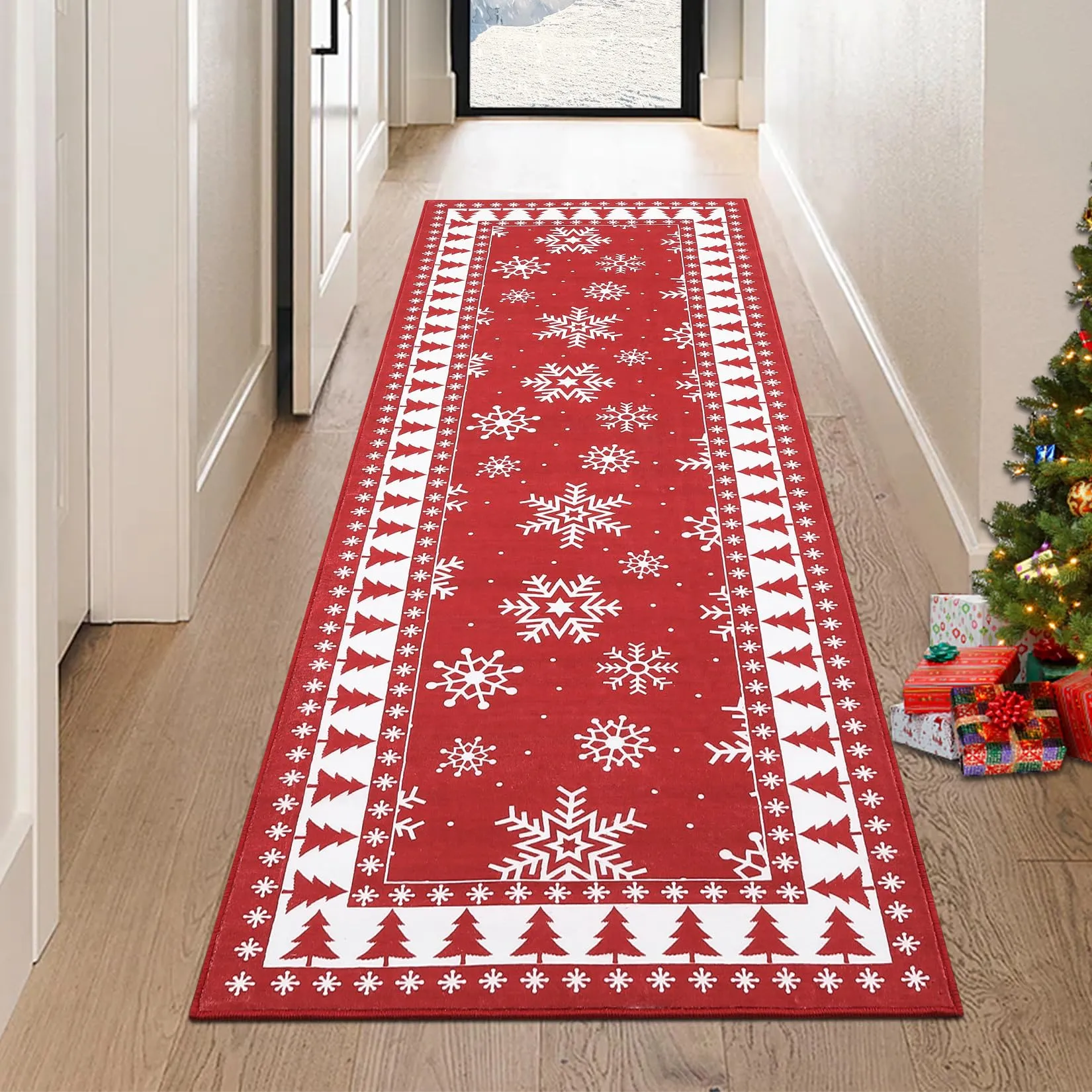 GARVEE Christmas Runner Rug 2x8 Red Hallway Rug Snowflake Xmas Runner Kitchen Rug Washable Rug Non Slip Bathroom Rug Holiday Decor Distressed Modern Soft Carpet for Bedroom Laundry 2'x8' Red