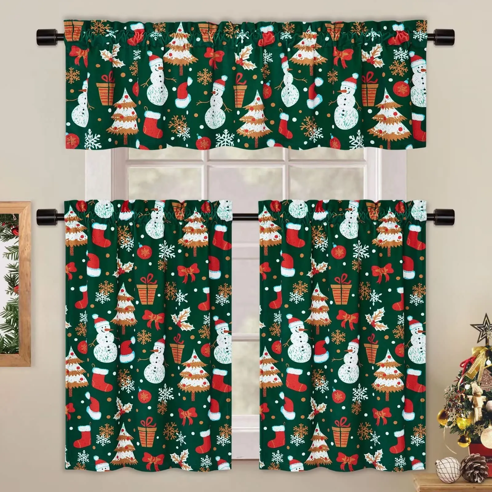 GARVEE Christmas Valance, 1 Panel Green Snow Man Christmas Window Curtain Valance Velvet Thermal Insulated Cafe Curtains for Kitchen Living Room Bathroom Grommet Christmas Drapes, 52 x 15