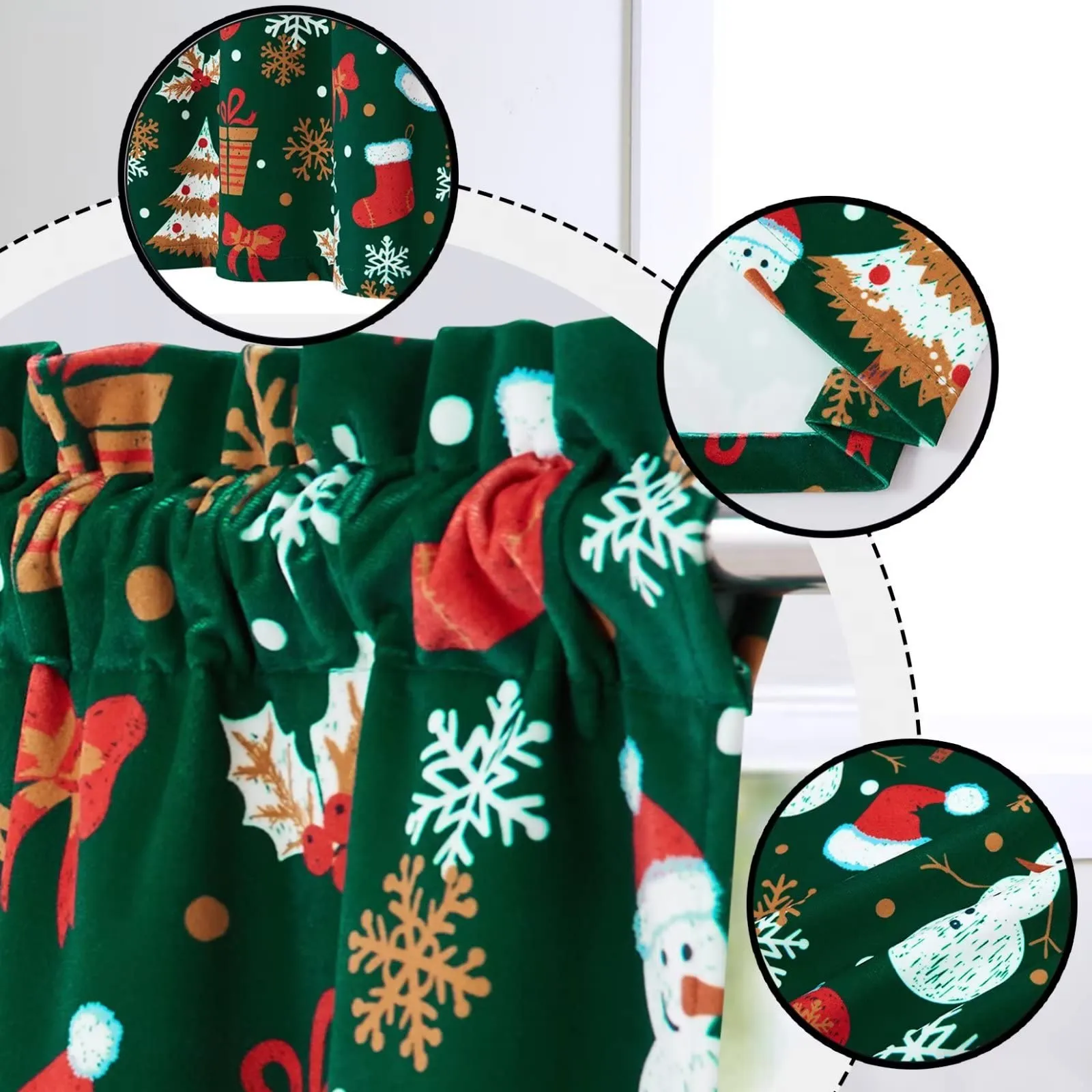 GARVEE Christmas Valance, 1 Panel Green Snow Man Christmas Window Curtain Valance Velvet Thermal Insulated Cafe Curtains for Kitchen Living Room Bathroom Grommet Christmas Drapes, 52 x 15