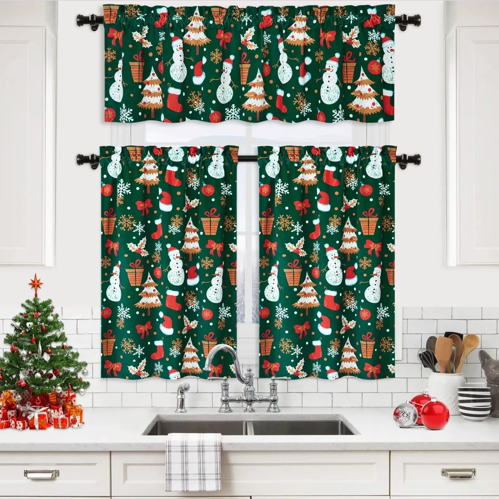 GARVEE Christmas Valance, 1 Panel Green Snow Man Christmas Window Curtain Valance Velvet Thermal Insulated Cafe Curtains for Kitchen Living Room Bathroom Grommet Christmas Drapes, 52 x 15