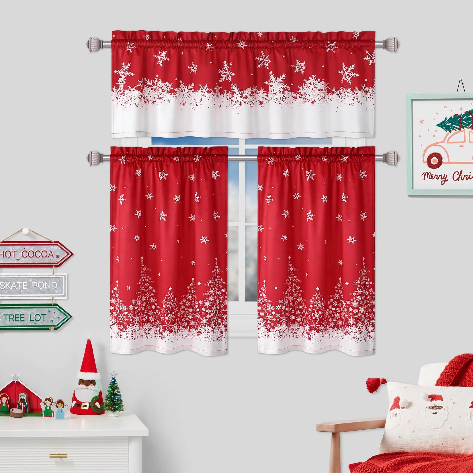 GARVEE Christmas Velvet Kitchen Curtain Christmas Decoration Cafe Curtain 30 Inch Tier Curtains Window Treatment Rod Pocket for Home Decor 2 Panels for Bathroom, Living Room Christmas Decoration