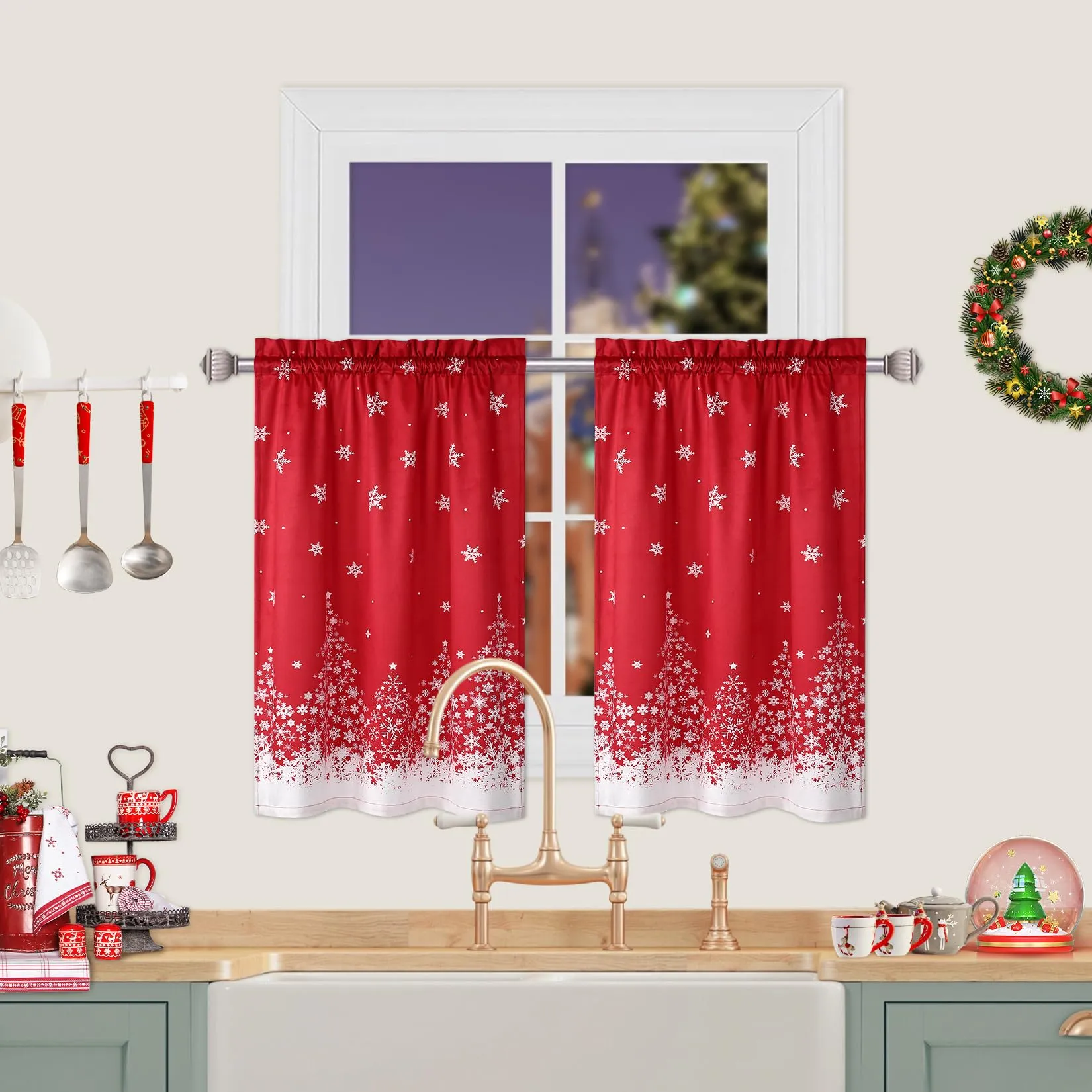 GARVEE Christmas Velvet Kitchen Curtain Christmas Decoration Cafe Curtain 30 Inch Tier Curtains Window Treatment Rod Pocket for Home Decor 2 Panels for Bathroom, Living Room Christmas Decoration