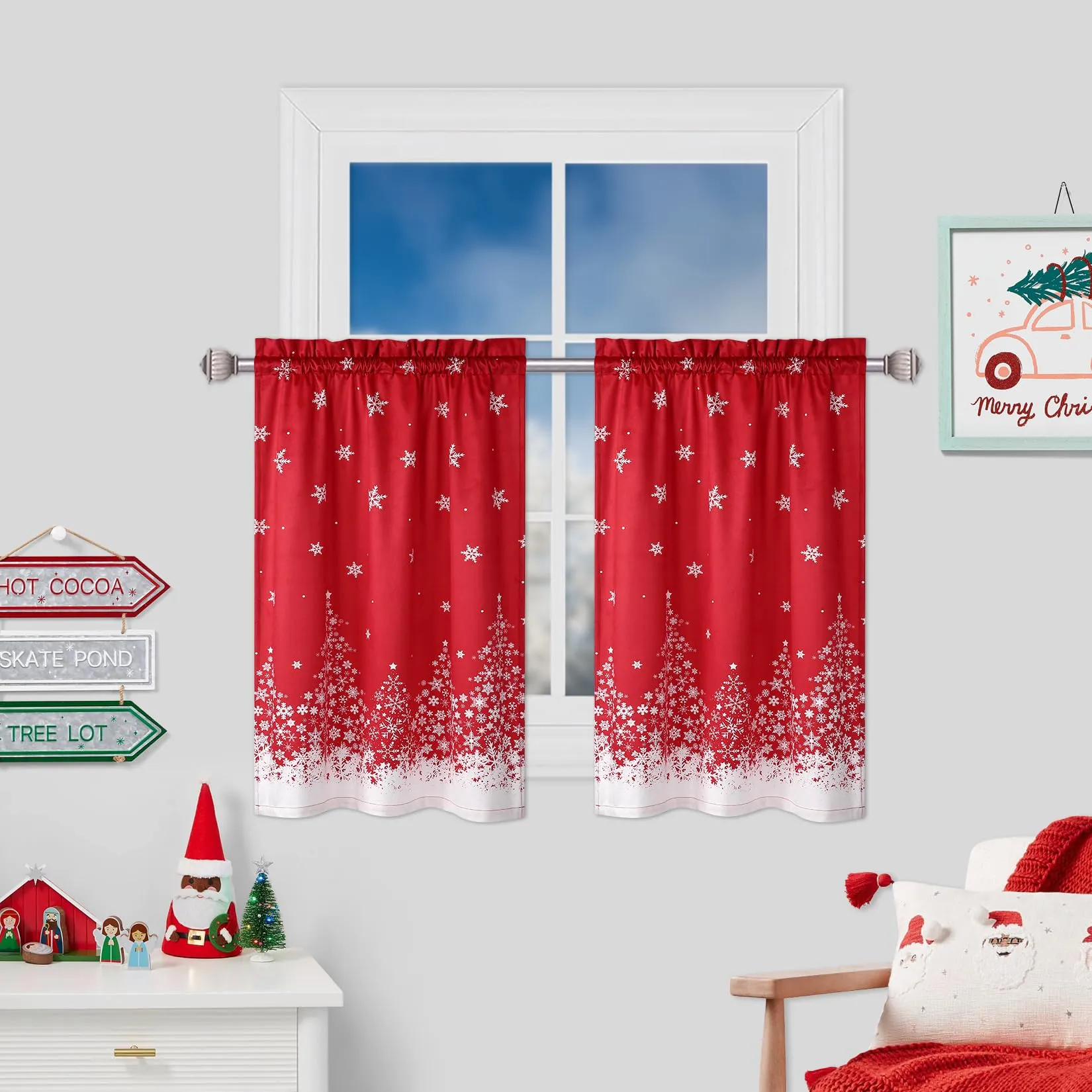 GARVEE Christmas Velvet Kitchen Curtain Christmas Decoration Cafe Curtain 30 Inch Tier Curtains Window Treatment Rod Pocket for Home Decor 2 Panels for Bathroom, Living Room Christmas Decoration