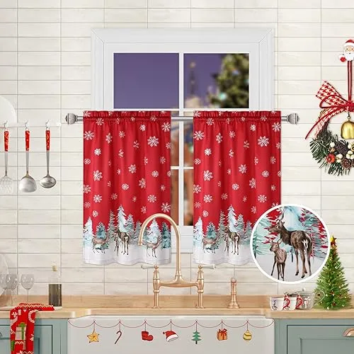 GARVEE Christmas Velvet Kitchen Curtain Christmas Decoration Cafe Curtain 36 Inch Tier Curtains Window Treatment Rod Pocket for Home Decor 2 Panels for Bathroom, Living Room Christmas Decoration