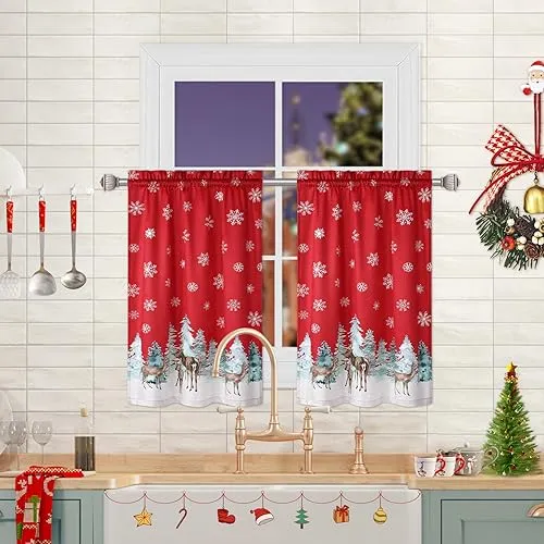 GARVEE Christmas Velvet Kitchen Curtain Christmas Decoration Cafe Curtain 36 Inch Tier Curtains Window Treatment Rod Pocket for Home Decor 2 Panels for Bathroom, Living Room Christmas Decoration