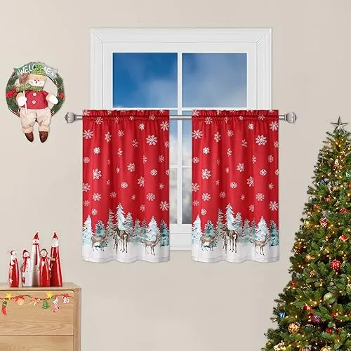 GARVEE Christmas Velvet Kitchen Curtain Christmas Decoration Cafe Curtain 36 Inch Tier Curtains Window Treatment Rod Pocket for Home Decor 2 Panels for Bathroom, Living Room Christmas Decoration