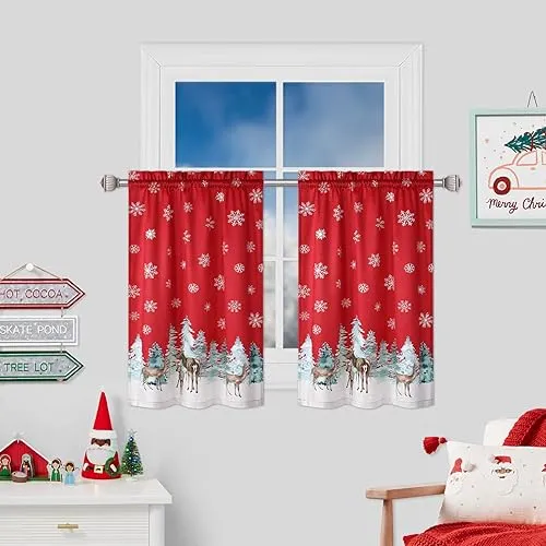 GARVEE Christmas Velvet Kitchen Curtain Christmas Decoration Cafe Curtain 36 Inch Tier Curtains Window Treatment Rod Pocket for Home Decor 2 Panels for Bathroom, Living Room Christmas Decoration