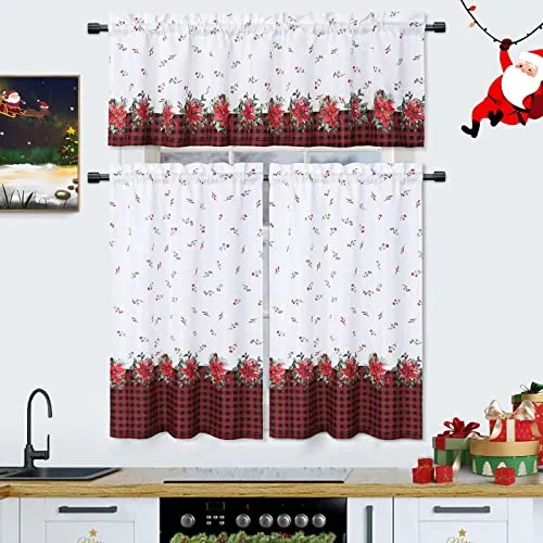 GARVEE Curtains, Xmas Floral Cafe Curtains, 2 Panels Canvas Short Curtains Buffalo Plaid Christmas Kitchen Curtains Tier Half Door Window Drapes Rod Pocket Living Room Bathroom, Red, 27 x 24 Inch