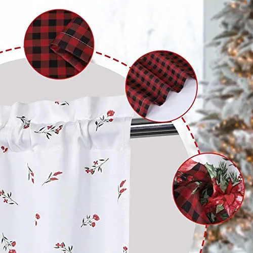 GARVEE Curtains, Xmas Floral Cafe Curtains, 2 Panels Canvas Short Curtains Buffalo Plaid Christmas Kitchen Curtains Tier Half Door Window Drapes Rod Pocket Living Room Bathroom, Red, 27 x 24 Inch