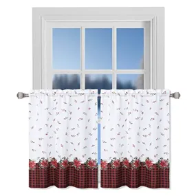 GARVEE Curtains, Xmas Floral Cafe Curtains, 2 Panels Canvas Short Curtains Buffalo Plaid Christmas Kitchen Curtains Tier Half Door Window Drapes Rod Pocket Living Room Bathroom, Red, 27 x 24 Inch