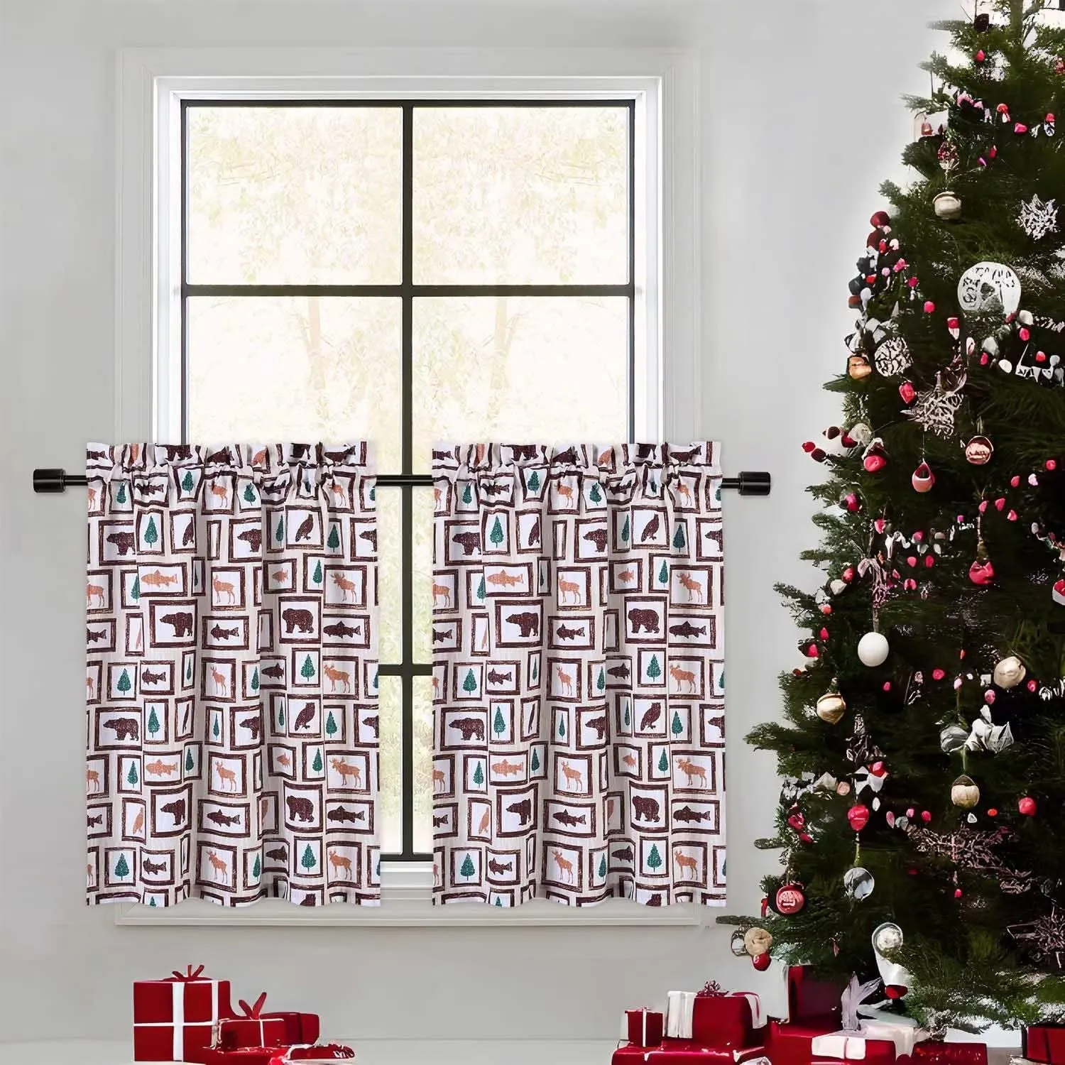 GARVEE Curtains, Xmas Floral Cafe Curtains, 2 Panels Canvas Short Curtains Buffalo Plaid Christmas Kitchen Curtains Tier Half Door Window Drapes Rod Pocket Living Room Bathroom, Red, 27 x 36 Inch