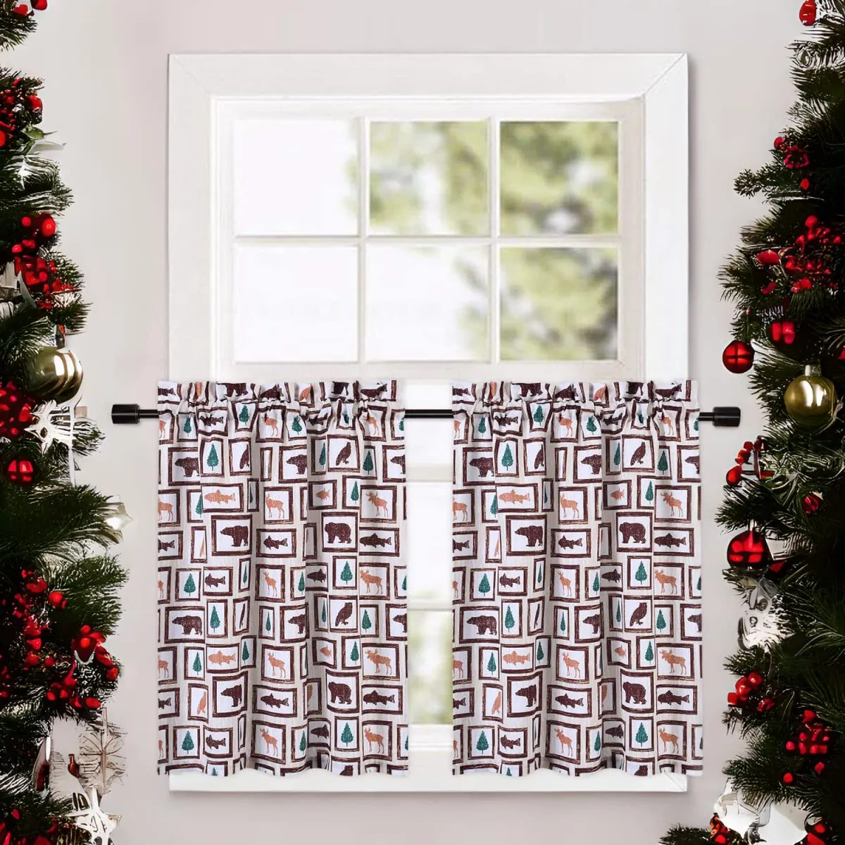 GARVEE Curtains, Xmas Floral Cafe Curtains, 2 Panels Canvas Short Curtains Buffalo Plaid Christmas Kitchen Curtains Tier Half Door Window Drapes Rod Pocket Living Room Bathroom, Red, 27 x 36 Inch