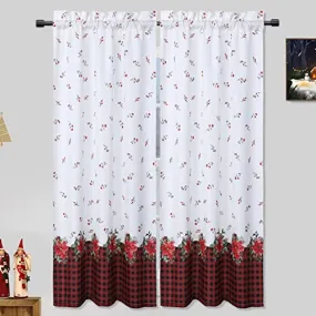 GARVEE Curtains, Xmas Floral Cafe Curtains, 2 Panels Canvas Short Curtains Buffalo Plaid Christmas Kitchen Curtains Tier Half Door Window Drapes Rod Pocket Living Room Bathroom, Red, 27 x 45 Inch