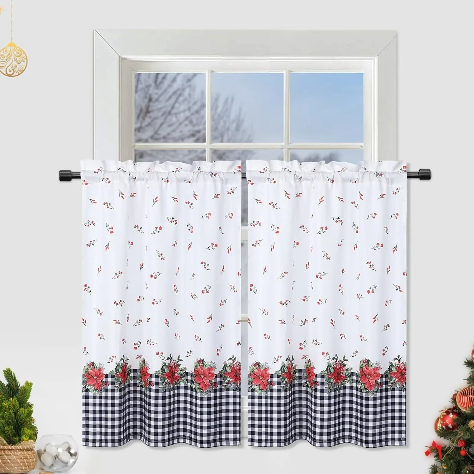 GARVEE Curtains, Xmas Floral Cafe Curtains, 2 Panels Canvas Short Curtains Buffalo Plaid Christmas Kitchen Curtains Tier Half Door Window Drapes Rod Pocket Living Room Bathroom, White, 27 x 24 Inch