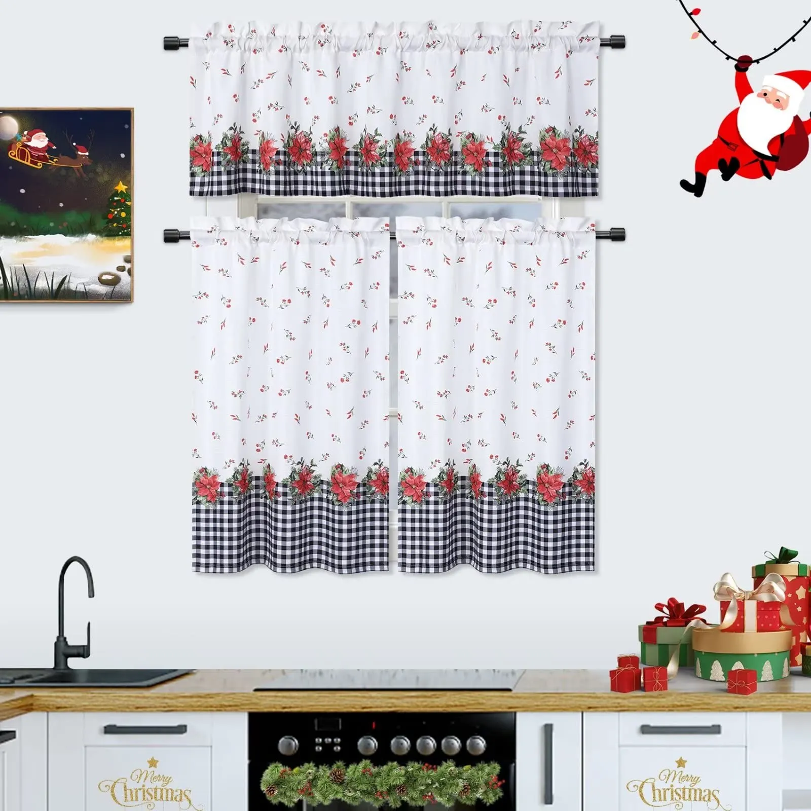 GARVEE Curtains, Xmas Floral Cafe Curtains, 2 Panels Canvas Short Curtains Buffalo Plaid Christmas Kitchen Curtains Tier Half Door Window Drapes Rod Pocket Living Room Bathroom, White, 27 x 24 Inch