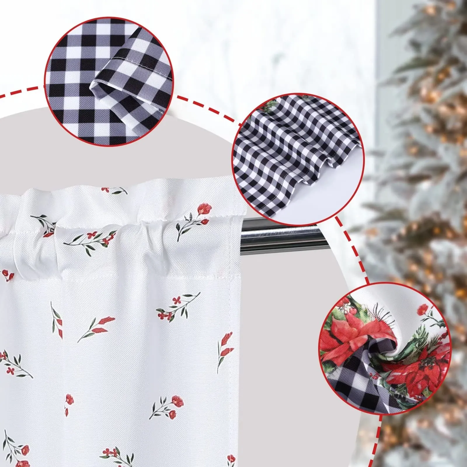 GARVEE Curtains, Xmas Floral Cafe Curtains, 2 Panels Canvas Short Curtains Buffalo Plaid Christmas Kitchen Curtains Tier Half Door Window Drapes Rod Pocket Living Room Bathroom, White, 27 x 24 Inch