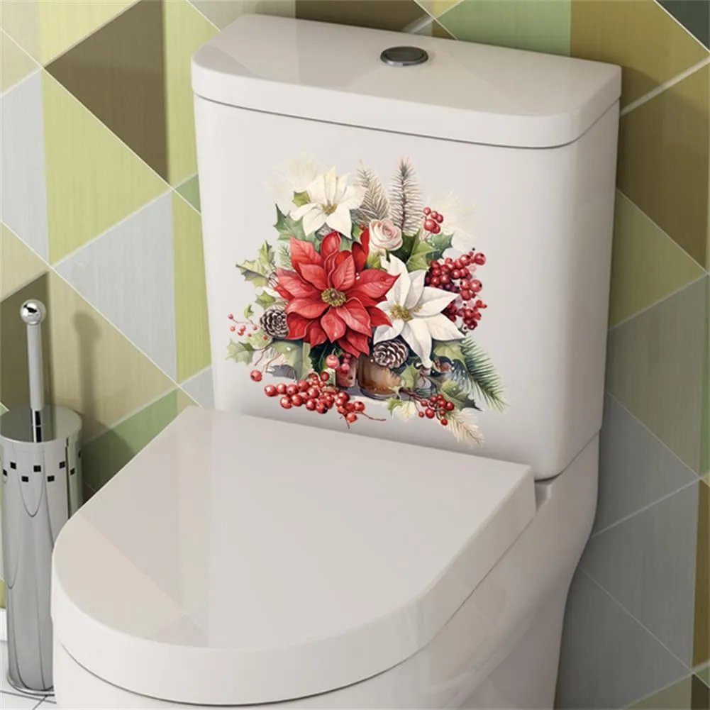 GARVEE Flower Toilet Seat Stickers, Self-Adhesive DIY Removable Christmas PVC Toilet Lid Decals Floral Leaf Toilet Lid Decals for Cistern Bathroom Restroom Power Switch Home Decor 30 x 30cm