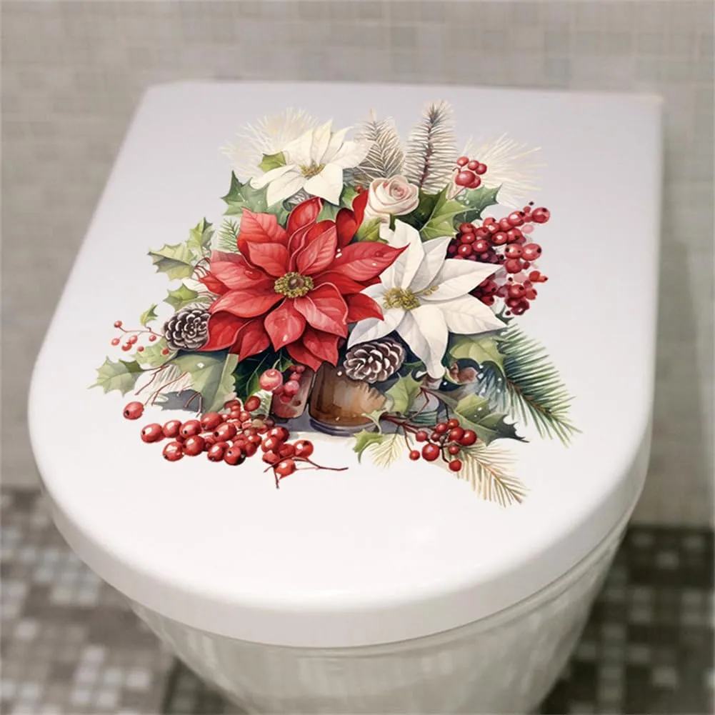 GARVEE Flower Toilet Seat Stickers, Self-Adhesive DIY Removable Christmas PVC Toilet Lid Decals Floral Leaf Toilet Lid Decals for Cistern Bathroom Restroom Power Switch Home Decor 30 x 30cm