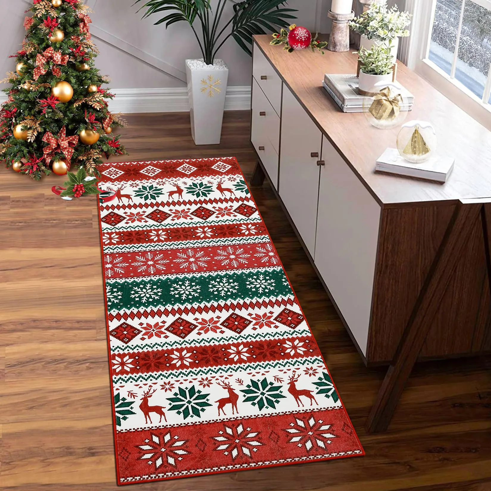 GARVEE Hallway Runner Rug 2x6 Washable Christmas Runner Indoor Non-Slip Xmas Decorative Throw Floor Covers Boho Accent Festival Xmas Rug Farmhouse Rug Geometric Carpet for Living Room Bedroom, Red