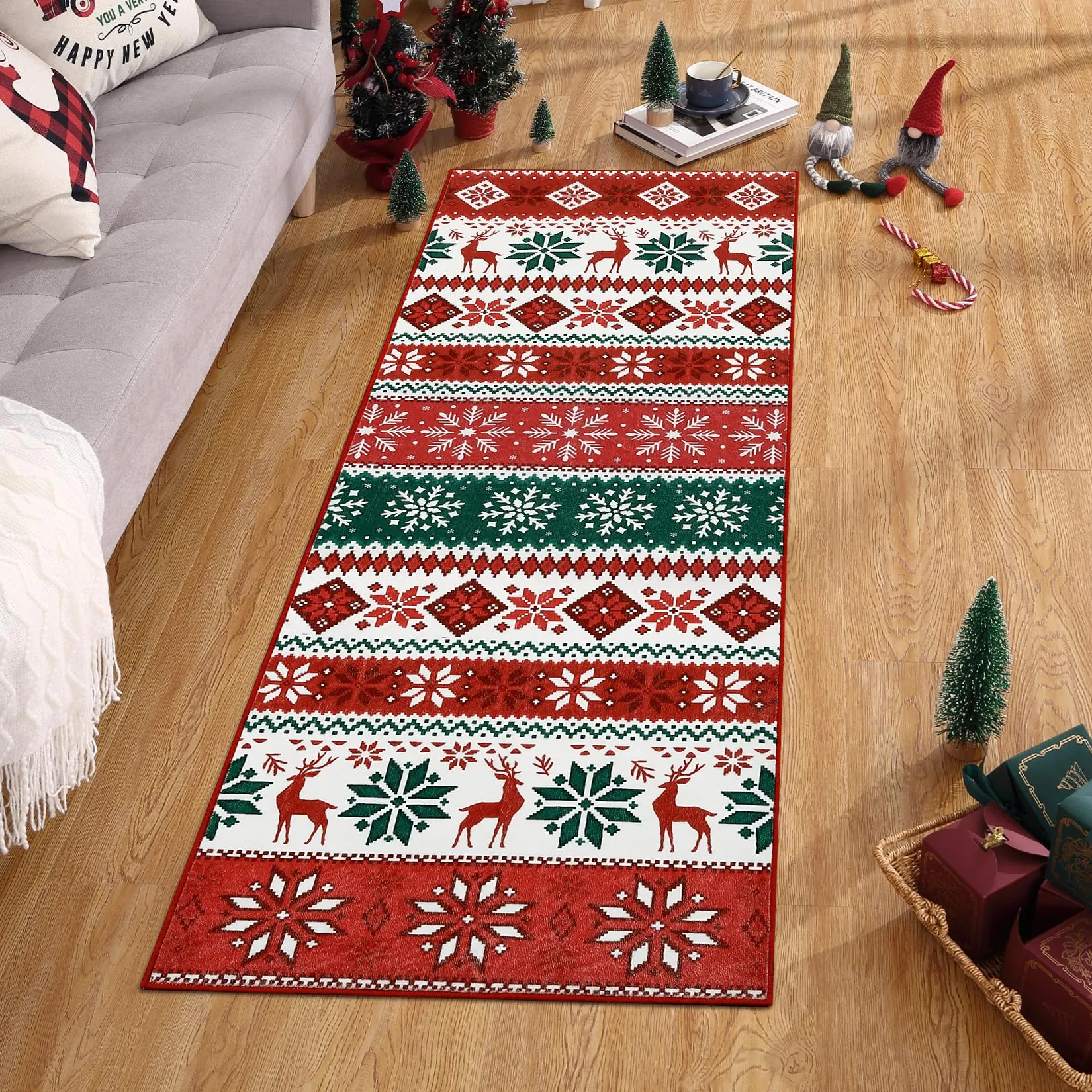 GARVEE Hallway Runner Rug 2x6 Washable Christmas Runner Indoor Non-Slip Xmas Decorative Throw Floor Covers Boho Accent Festival Xmas Rug Farmhouse Rug Geometric Carpet for Living Room Bedroom, Red