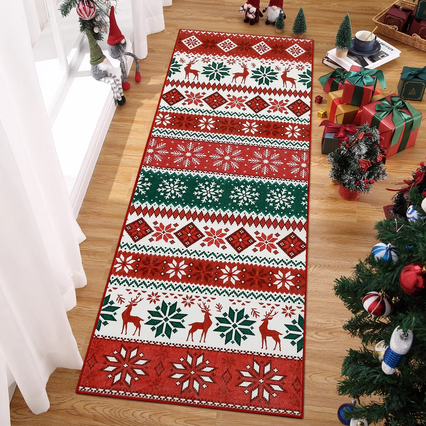 GARVEE Hallway Runner Rug 2x6 Washable Christmas Runner Indoor Non-Slip Xmas Decorative Throw Floor Covers Boho Accent Festival Xmas Rug Farmhouse Rug Geometric Carpet for Living Room Bedroom, Red