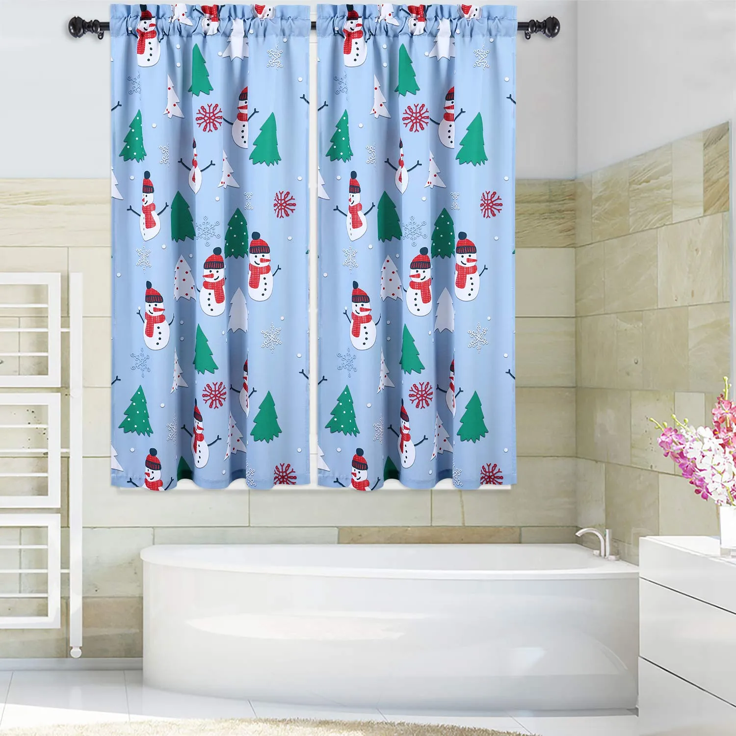 GARVEE Kitchen Cafe Curtains, Christmas Snowman Pattern Short Bathroom Window Curtain, Xmas Tree and Snowflake Design Half Window Covering Tier Curtains, 27 x 45, Light Blue/Green/Red, Set of 2