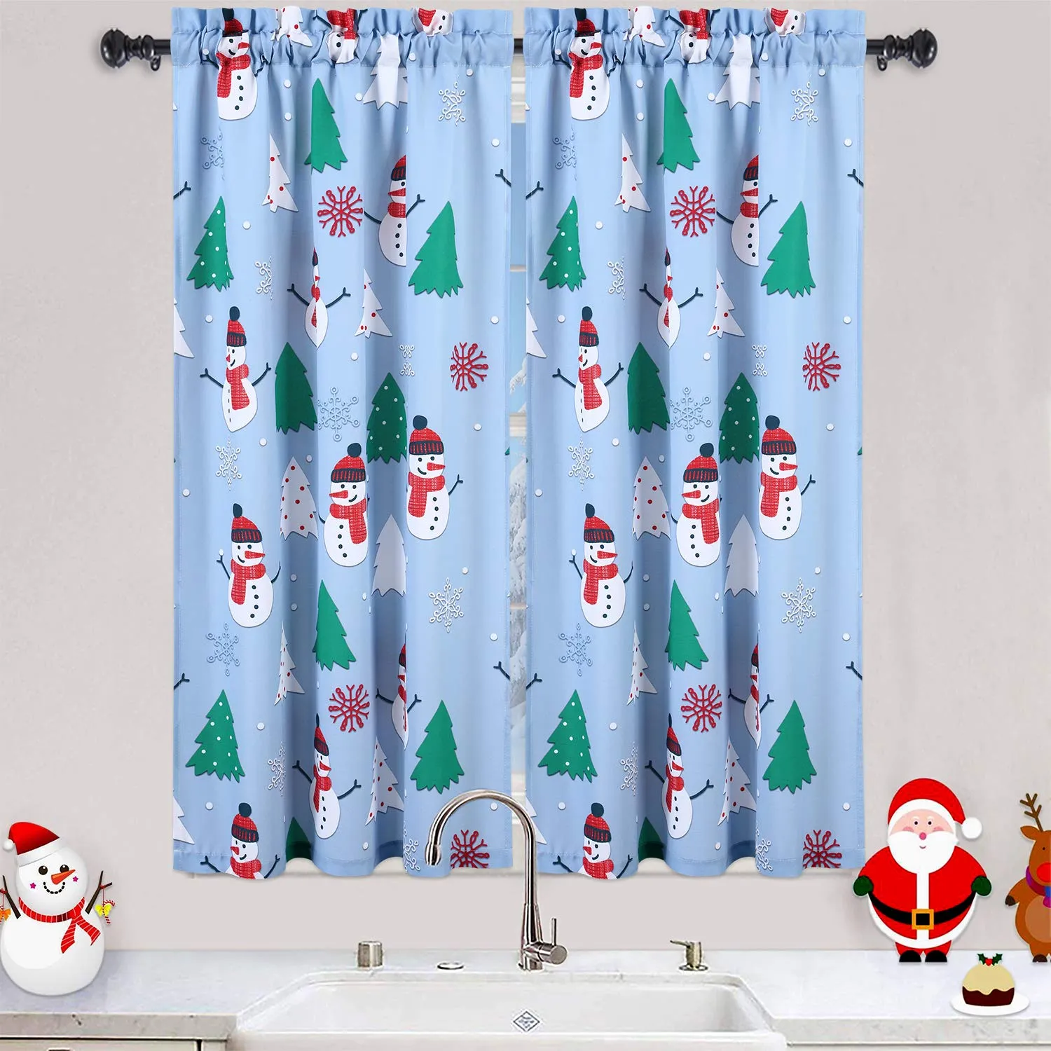 GARVEE Kitchen Cafe Curtains, Christmas Snowman Pattern Short Bathroom Window Curtain, Xmas Tree and Snowflake Design Half Window Covering Tier Curtains, 27 x 45, Light Blue/Green/Red, Set of 2