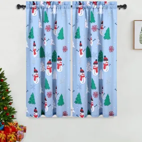 GARVEE Kitchen Cafe Curtains, Christmas Snowman Pattern Short Bathroom Window Curtain, Xmas Tree and Snowflake Design Half Window Covering Tier Curtains, 27 x 45, Light Blue/Green/Red, Set of 2