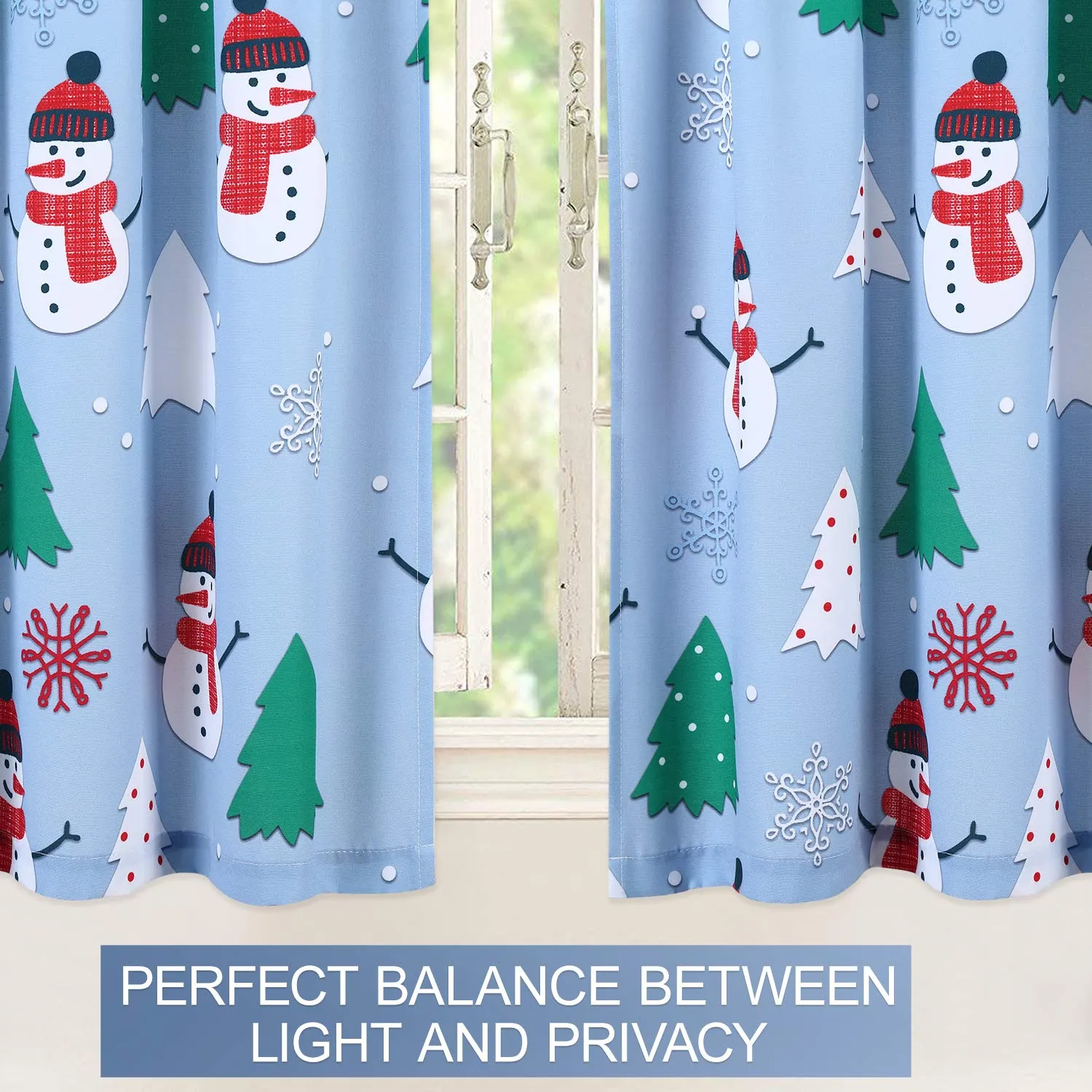 GARVEE Kitchen Cafe Curtains, Christmas Snowman Pattern Short Bathroom Window Curtain, Xmas Tree and Snowflake Design Half Window Covering Tier Curtains, 27 x 45, Light Blue/Green/Red, Set of 2