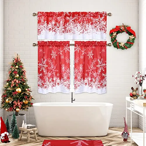 GARVEE Kitchen Curtains 36 Inches Long, Christmas Snowflake Pattern Bathroom Window Curtain, Xmas Decorations Cafe Curtains Small Half Window Treatment Set, Set of 2