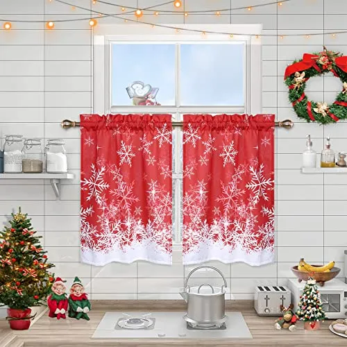 GARVEE Kitchen Curtains 36 Inches Long, Christmas Snowflake Pattern Bathroom Window Curtain, Xmas Decorations Cafe Curtains Small Half Window Treatment Set, Set of 2